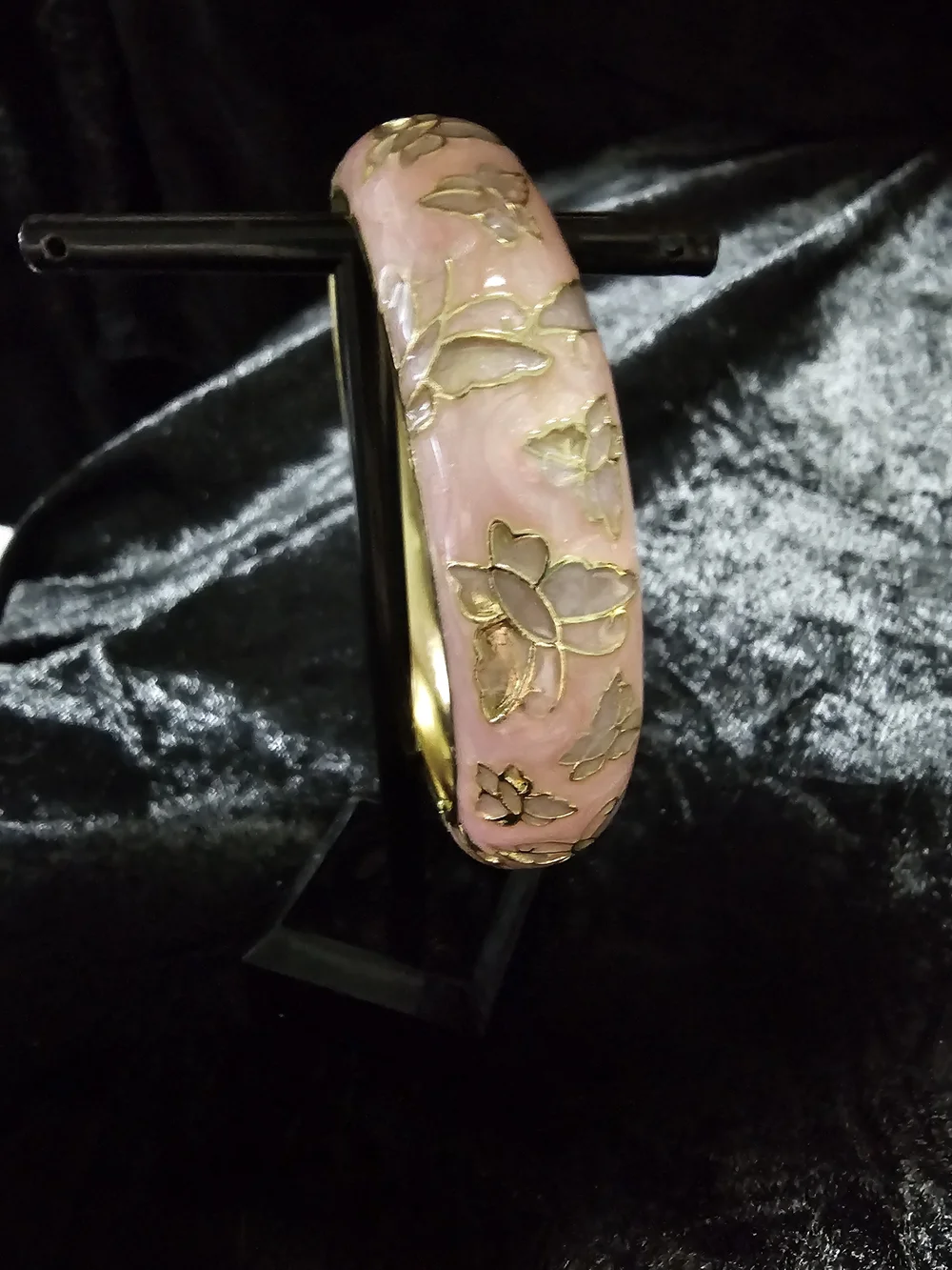 Pink Floral Enamel Hinged Bangle Bracelet - Unknown Brand